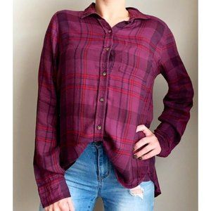 Lucky Brand Maroon Plaid Button Down Flannel Top, Sz S